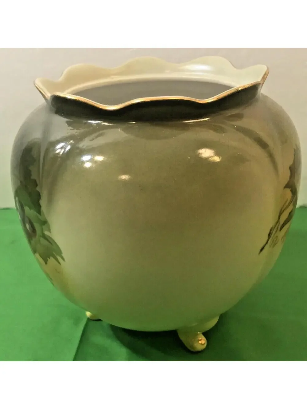 Andrea by Sadek Floral Pot Vase On pedestal Feet Asian Decor Cachepot Green VTG